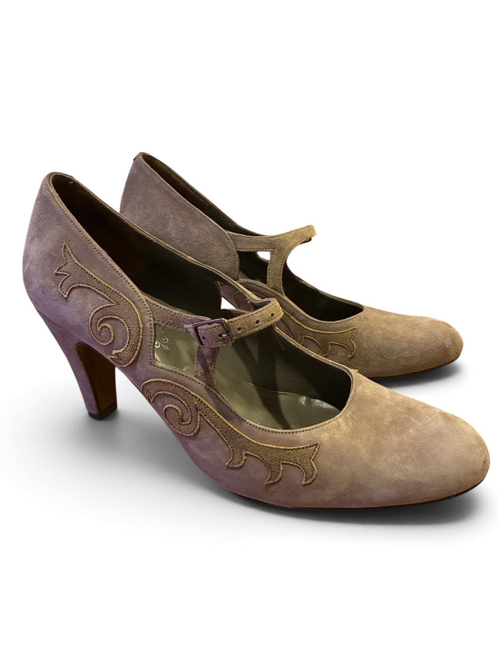 ❤️Lulu Guinness Mary Janes suede/leather one button covered heels w swirls Sz38